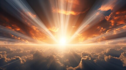 Sun beams or rays breaking through the dark clouds at sunset. Neural network ai generated art