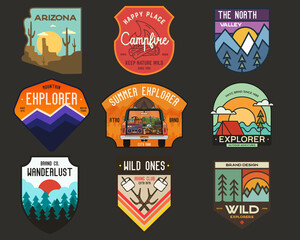 Set of vintage camping badges featuring various wilderness-themed designs including road trip, mountains, hiking, and outdoor activities. Stock travel labels