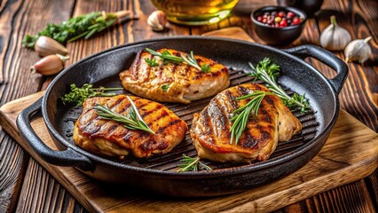 wooden table, grilled chicken, dinner, meal, pan-seared, flavorful, panoramic, meat, fillet, Grilled chicken thigh fillet steak sizzling on a rustic wooden table in a cast iron pan