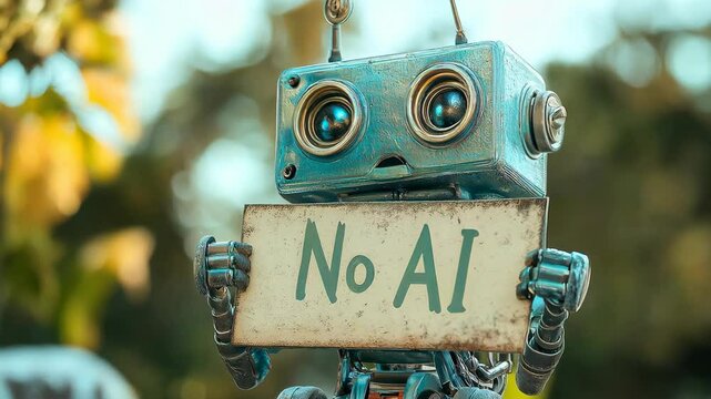 funny meme of AI, old style vintage robot holding sign " NO AI"