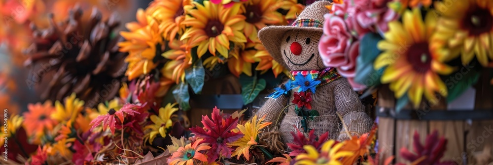 Poster Playful autumn decor showcasing a scarecrow, blossoms, and seasonal foliage, fostering a cozy atmosphere for the time of year.