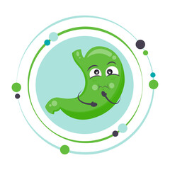 Green human stomach cartoon character icon sick with nausea, bile, and acid reflux syndrome