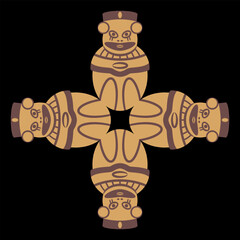 Cross shape ethnic design with four Pre Columbian egg shape figurines from ancient Peru. Chancay culture. Indigenous symbol.