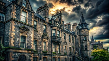 Fototapeta premium Mysterious urban scene featuring a dark, weathered stone building with intricate architectural details and rugged, rough-hewn texture against a moody, overcast sky backdrop.