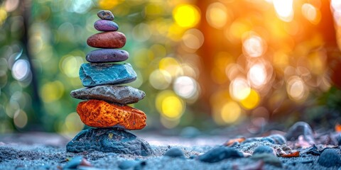 Balancing Colorful Pebbles Under The Warm Glowing Sunlight