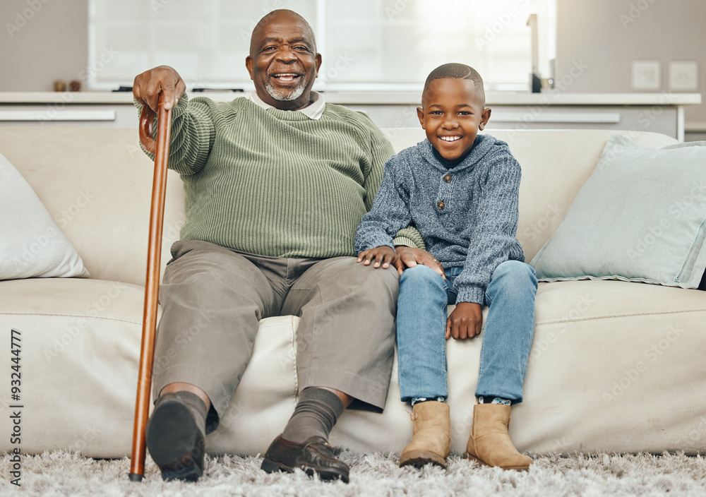 Canvas Prints House, grandfather and boy with portrait, black family and kid with break, relax and support. Face, apartment and happy senior man with grandchild, discussion and funny with smile, silly and cane