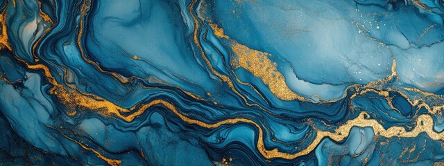 Obraz premium Abstract art background. Blue paint spilled on paper. Gold shiny vein texture. For design print wallpaper poster card mural carpet hanging print