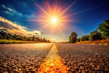 The photo shows a low angle shot capturing the intense glare of the hot sun reflecting off the scorching hot asphalt creating a dazzling effect, shimmering, reflection, urban, burning