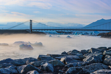 Diamond beach at Jokulsalorn Lagoon in Iceland , Glacier lagoon at sunset icebergs and all