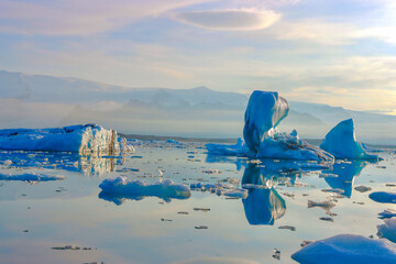 Jokulsarlon Glacier Lagoon in Iceland at Sunset with glaciers floating in the water