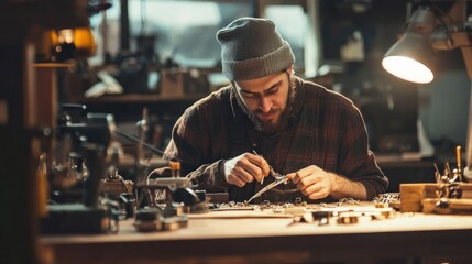Craftsman Working on Metal Jewelry in His Workshop