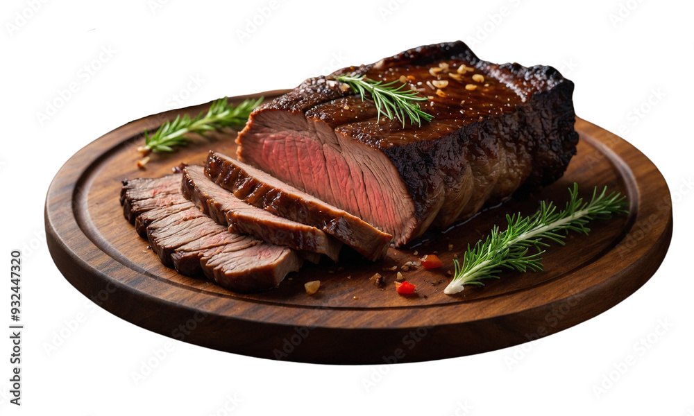 Wall mural steak on wooden plate, isolated on white background