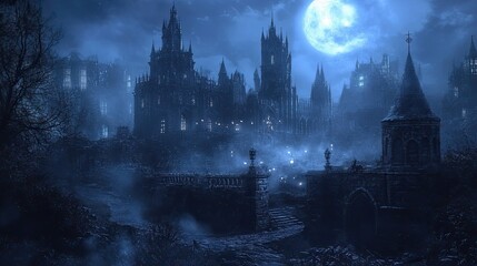 A Gothic Castle Silhouetted Against a Full Moon
