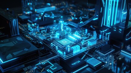 Fototapeta premium Glowing Blue Motherboard with Illuminated Circuitry