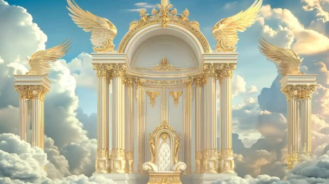 Animation of majestic golden throne of god in heaven in the sky surrounded white clouds and divine light. Second coming of Jesus Christ. Biblical scene. Christian religion concept