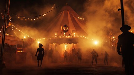 Fototapeta premium A lone figure walking towards a foggy, illuminated circus tent with a jack-o-lantern decoration