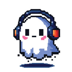 Obraz premium Cute Pixelated Ghost with Headphones, Adorable Music Lover Pixel art