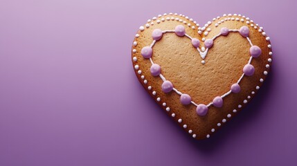 Obraz premium Oktoberfest gingerbread heart with icing, purple background, 3D Blender Style, cute minimal