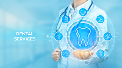 Dental servises. Dentistry concept. Dental insurance. Dental care, taking care of teeth. Doctor holding in hand tooth icon and medicine icons network connection on virtual screen. Vector illustration.