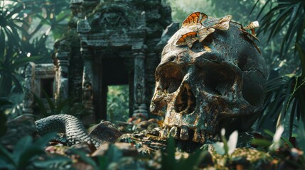 A weathered skull surrounded by butterflies in an ancient jungle temple ruins, evoking mystery, decay, and nature's reclaim..