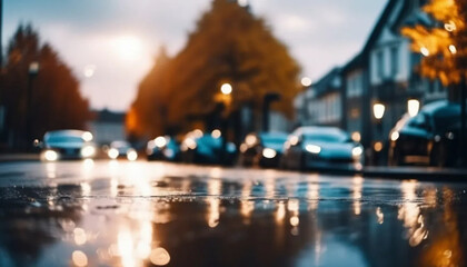 view of the city with bliurred cars, ai