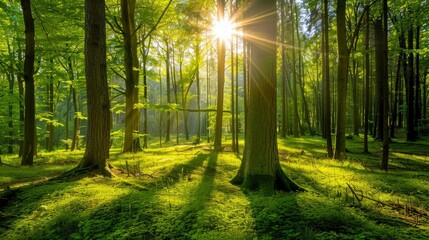 Obraz premium Beautiful forest panorama with bright sun shining through the trees , ai