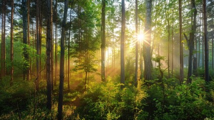 Obraz premium Beautiful forest panorama with bright sun shining through the trees , ai