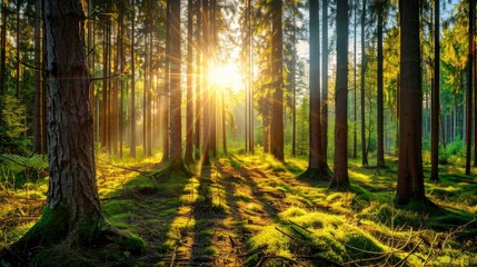 Obraz premium Beautiful forest panorama with bright sun shining through the trees , ai