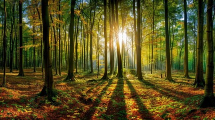 Fototapeta premium Beautiful forest panorama with bright sun shining through the trees , ai