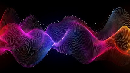 Fototapeta premium Abstract colorful wavy lines on black background with glowing particles.