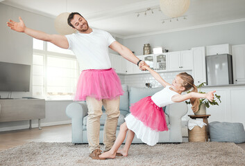 Father, kid and ballet dancing in home with performance, favorite song and tutu costume in living room. Dancer family, man and girl with fairy skirt for fantasy concert, learning steps or imagination