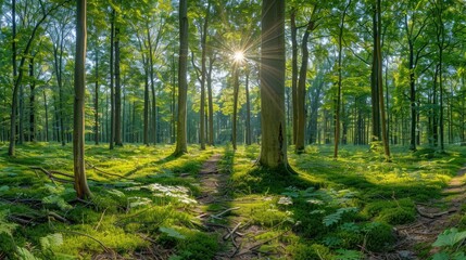 Obraz premium Beautiful forest panorama with bright sun shining through the trees , ai