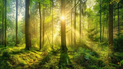 Obraz premium Beautiful forest panorama with bright sun shining through the trees , ai