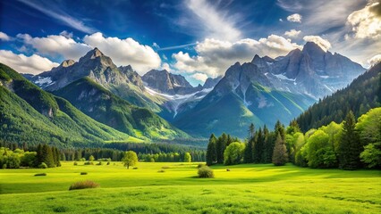 lush, composition, panoramic view, mountain, majestic, Green meadow in mountain composition featuring a panoramic view of a lush green meadow surrounded by majestic mountains