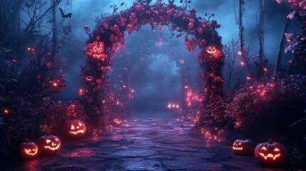 Fototapeta premium Illuminated Jack-O'-Lanterns Underneath a Halloween Floral Archway