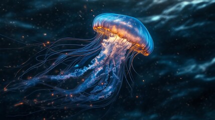 Naklejka premium Bioluminescent jellyfish glowing underwater in the