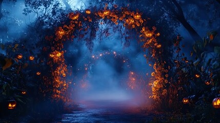 Fototapeta premium A Mystical Halloween Archway of Lit Pumpkins in a Foggy Forest