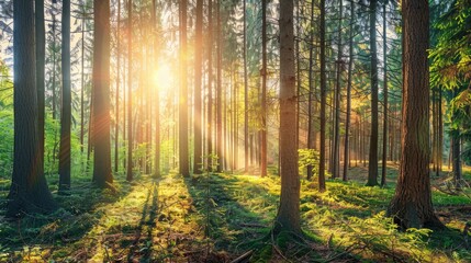Obraz premium Beautiful forest panorama with bright sun shining through the trees , ai
