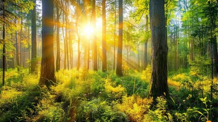 Obraz premium Beautiful forest panorama with bright sun shining through the trees , ai