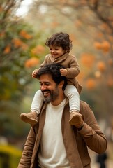 Fototapeta premium A dad holding his child on his shoulders as they walk through a park, both smiling and enjoying the day together