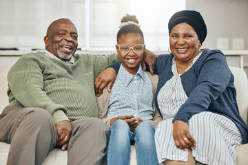 African, portrait and smile with family on sofa in living room of home together for bonding. Happy, love or visit with grandpa, granny and girl child in apartment for development, growth or wellness