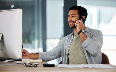 Business man, computer and phone call in office for networking, communication and client...