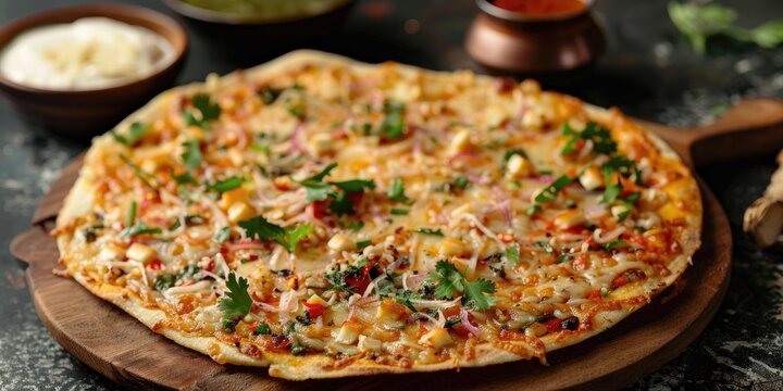 Cheese uttapam pizza A fusion of south Indian flavors served with sambar and chutney