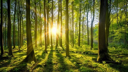 Obraz premium Beautiful forest panorama with bright sun shining through the trees , ai