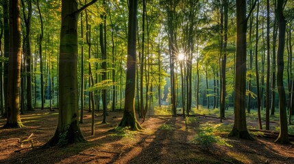 Obraz premium Beautiful forest panorama with bright sun shining through the trees , ai