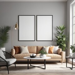 poster frame mock-up on modern living room interior. minimalist fucnitures