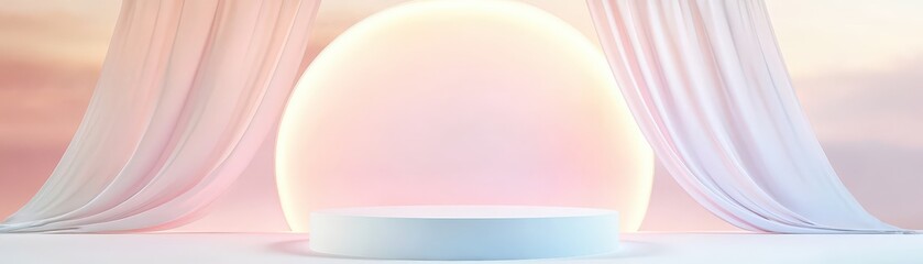 Obraz premium A white and pink curtain backdrop with a white pedestal in the center