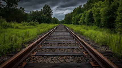 Fototapeta premium Steel rails vanishing into the distance, cutting through a vast, forested landscape