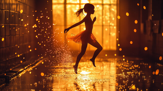 Silhouette of dancing girl in dance studio