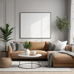 poster frame mock-up on modern living room interior. minimalist fucnitures